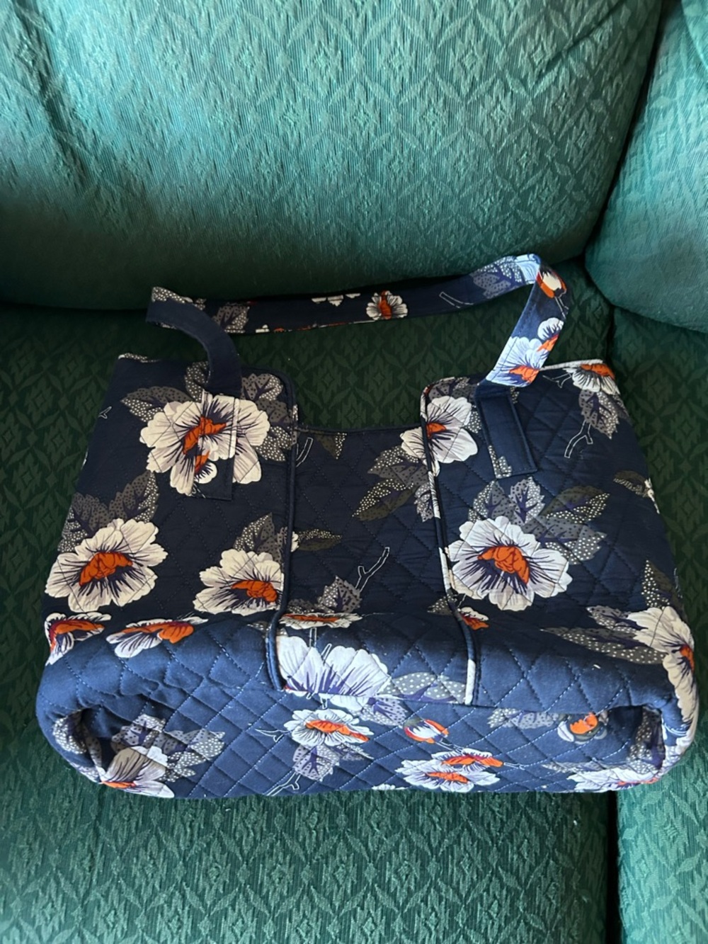 Quilted Floral Tote Bag in Navy Blue